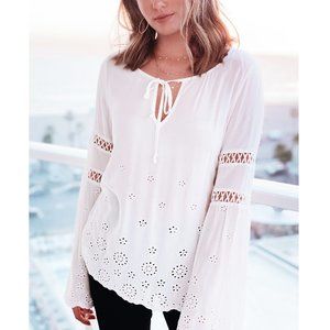 LOVESTITCH White Eyelet Bell Sleeve Blouse Sz S